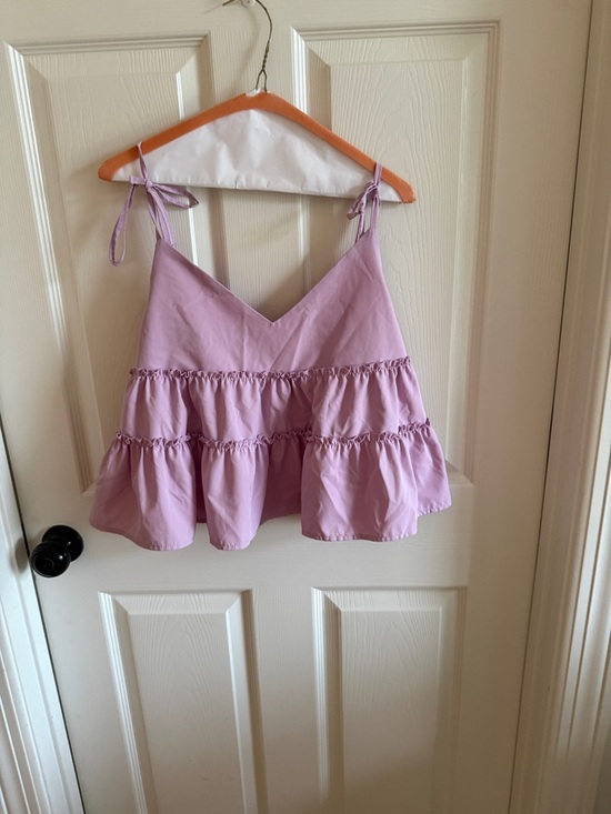 None Tops - Lavender Tie-Shoulder Ruffle Peplum Tank Top